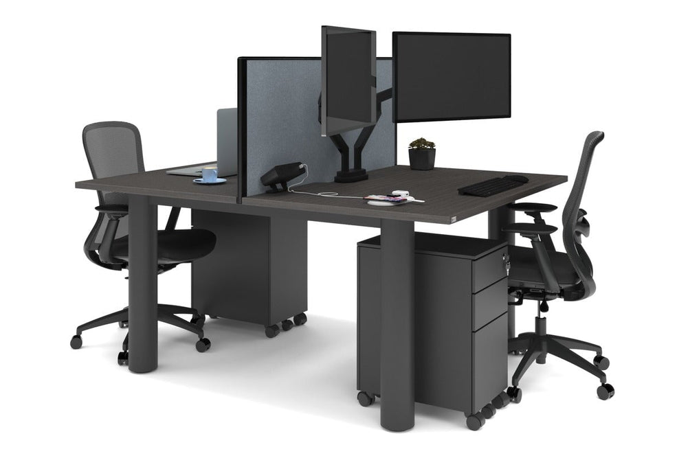Quadro Cylinder Leg 2 Person Office Workstations [1600L x 800W with Cable Scallop]-black leg dark oak cool grey (500H x 1600W)