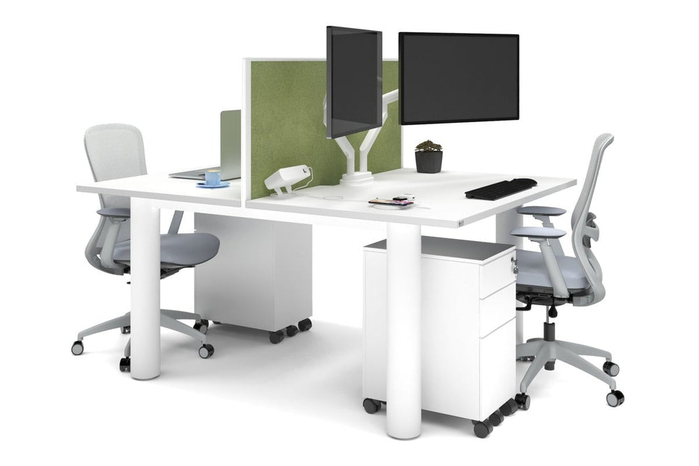 Quadro Cylinder Leg 2 Person Office Workstations [1600L x 800W with Cable Scallop]-white leg white green moss (500H x 1600W)