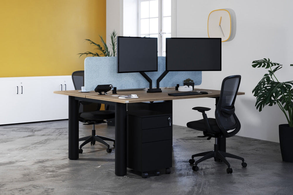 Quadro Cylinder Leg 2 Person Office Workstations [1600L x 800W with Cable Scallop]-black leg dark oak moody charcoal (500H x 1600W)