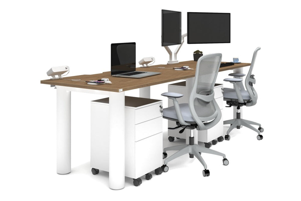 Quadro Cylinder Leg 2 Person Run Office Workstations [1400L x 800W with Cable Scallop]-white leg salvage oak 
