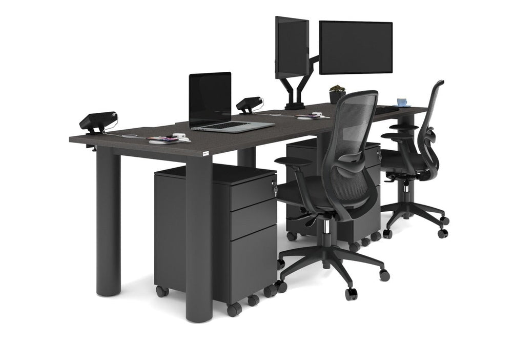Quadro Cylinder Leg 2 Person Run Office Workstations [1400L x 800W with Cable Scallop]-black leg dark oak 