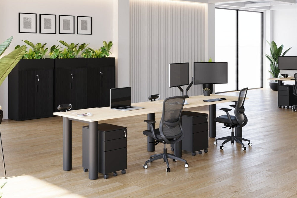 Quadro Cylinder Leg 2 Person Run Office Workstations [1600L x 700W]-black leg dark oak 