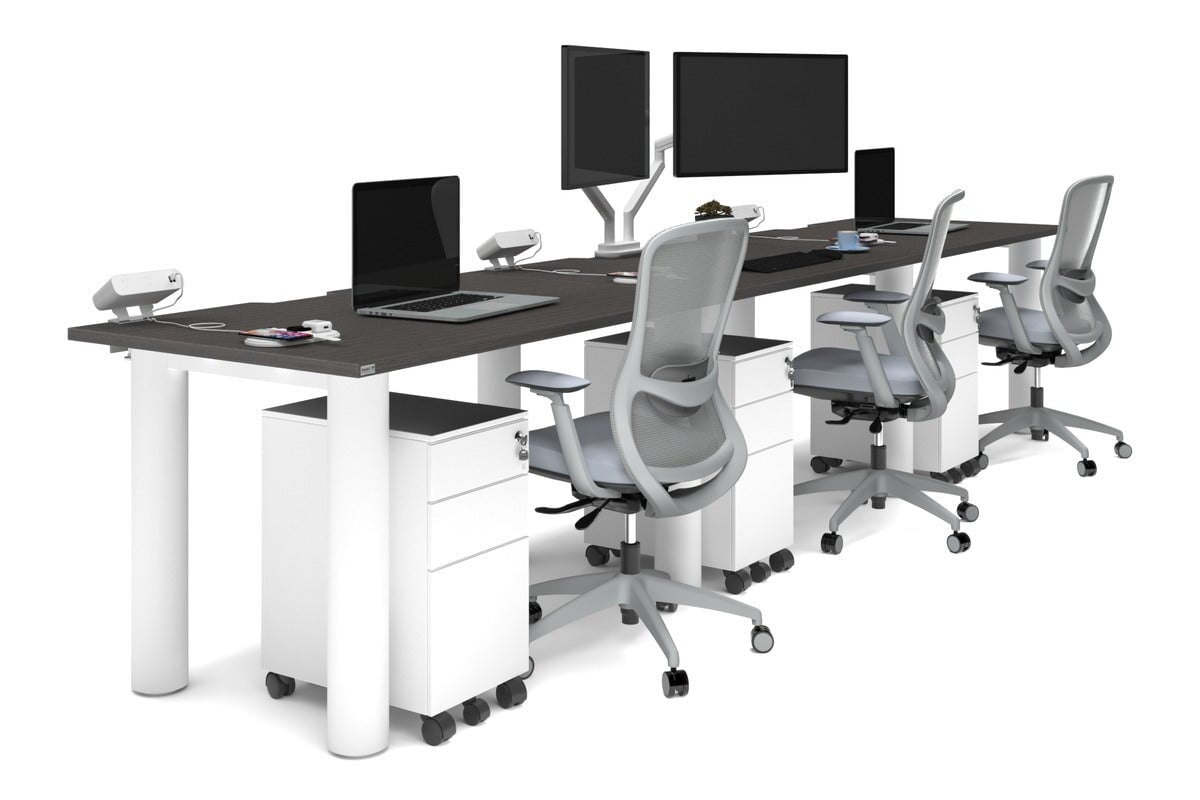 Quadro Cylinder Leg 3 Person Run Office Workstations [1200L x 800W with Cable Scallop] Jasonl white leg dark oak 