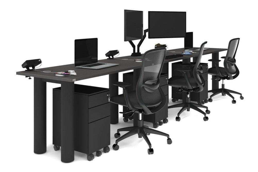 Quadro Cylinder Leg 3 Person Run Office Workstations [1400L x 700W]-black leg dark oak 