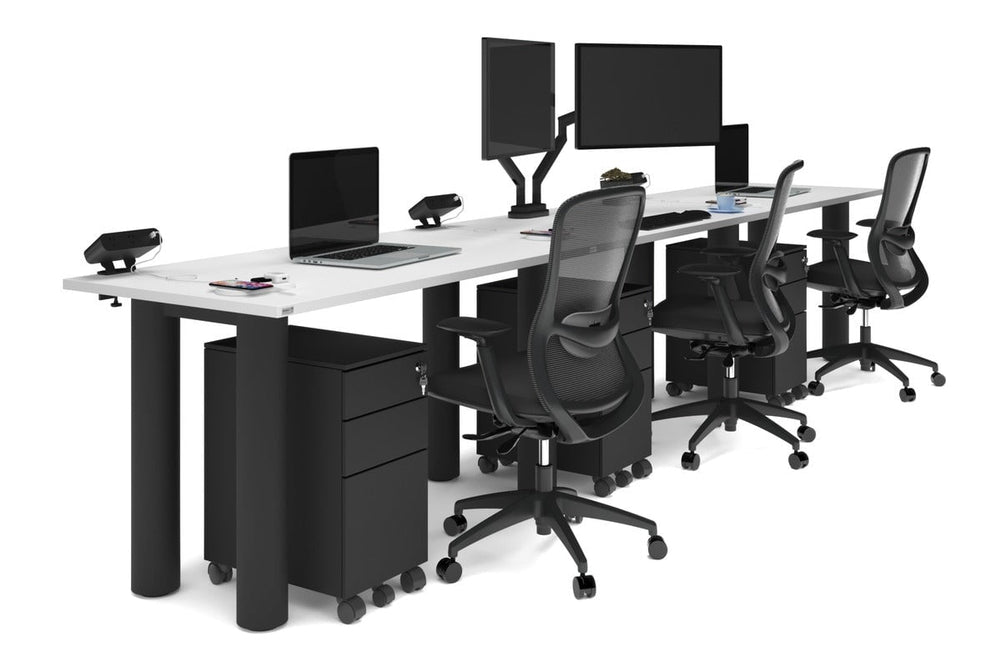 Quadro Cylinder Leg 3 Person Run Office Workstations [1400L x 700W]-black leg white 