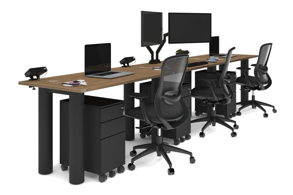 Quadro Cylinder Leg 3 Person Run Office Workstations [1400L x 700W]-black leg salvage oak 
