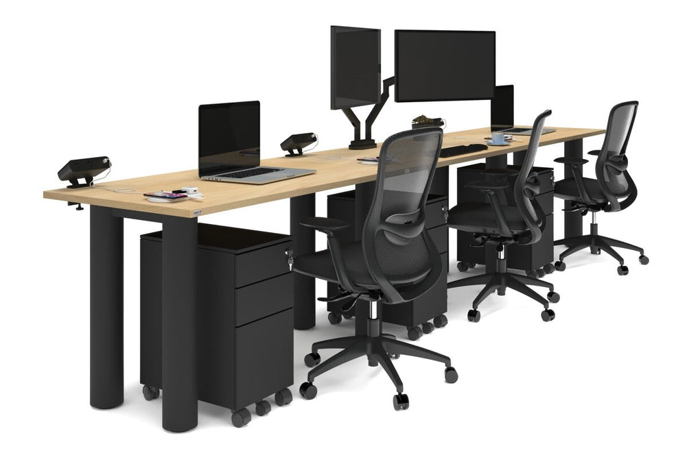Quadro Cylinder Leg 3 Person Run Office Workstations [1400L x 700W]-black leg maple 