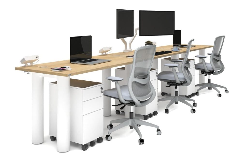 Quadro Cylinder Leg 3 Person Run Office Workstations [1400L x 700W]-white leg maple 