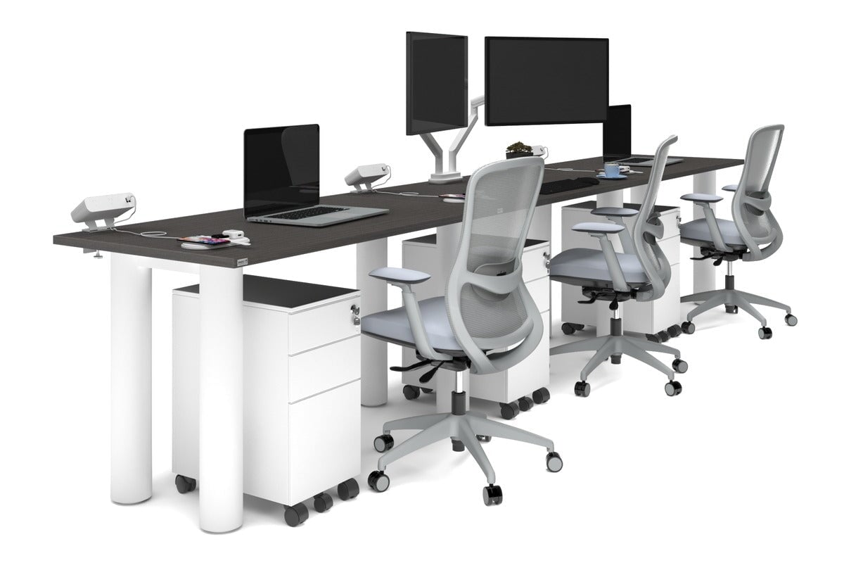 Quadro Cylinder Leg 3 Person Run Office Workstations [1400L x 700W] Jasonl white leg dark oak 
