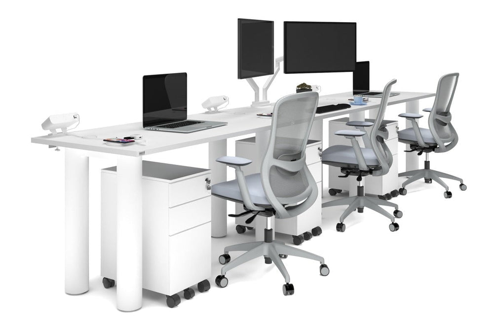 Quadro Cylinder Leg 3 Person Run Office Workstations [1400L x 700W]-white leg white 