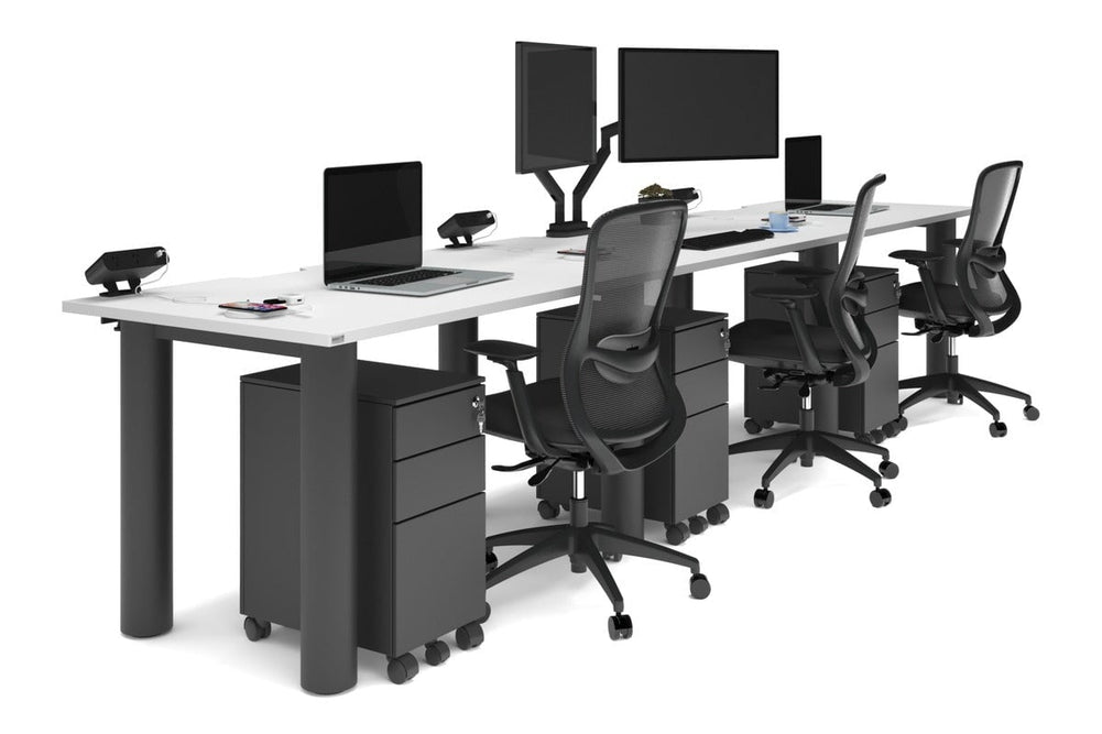 Quadro Cylinder Leg 3 Person Run Office Workstations [1400L x 800W with Cable Scallop]-black leg white 