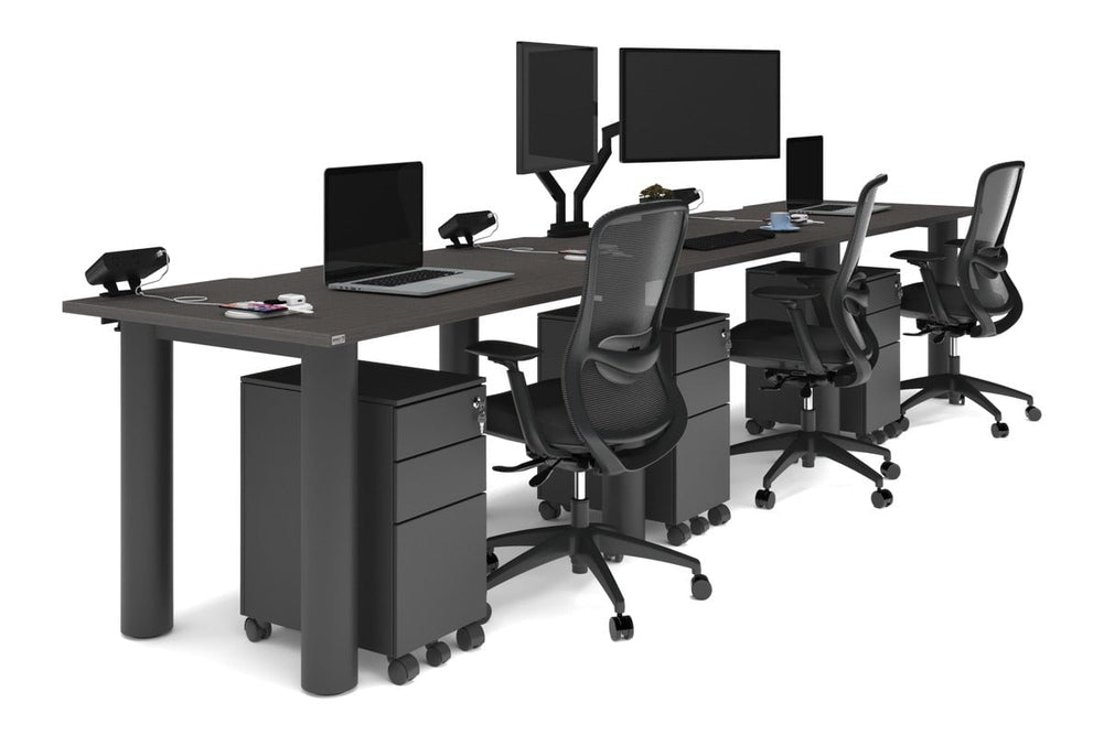 Quadro Cylinder Leg 3 Person Run Office Workstations [1400L x 800W with Cable Scallop]-black leg dark oak 