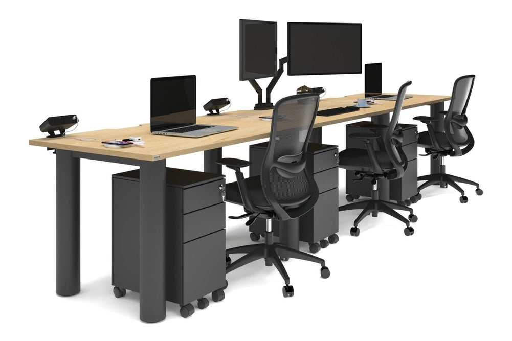 Quadro Cylinder Leg 3 Person Run Office Workstations [1400L x 800W with Cable Scallop]-black leg maple 