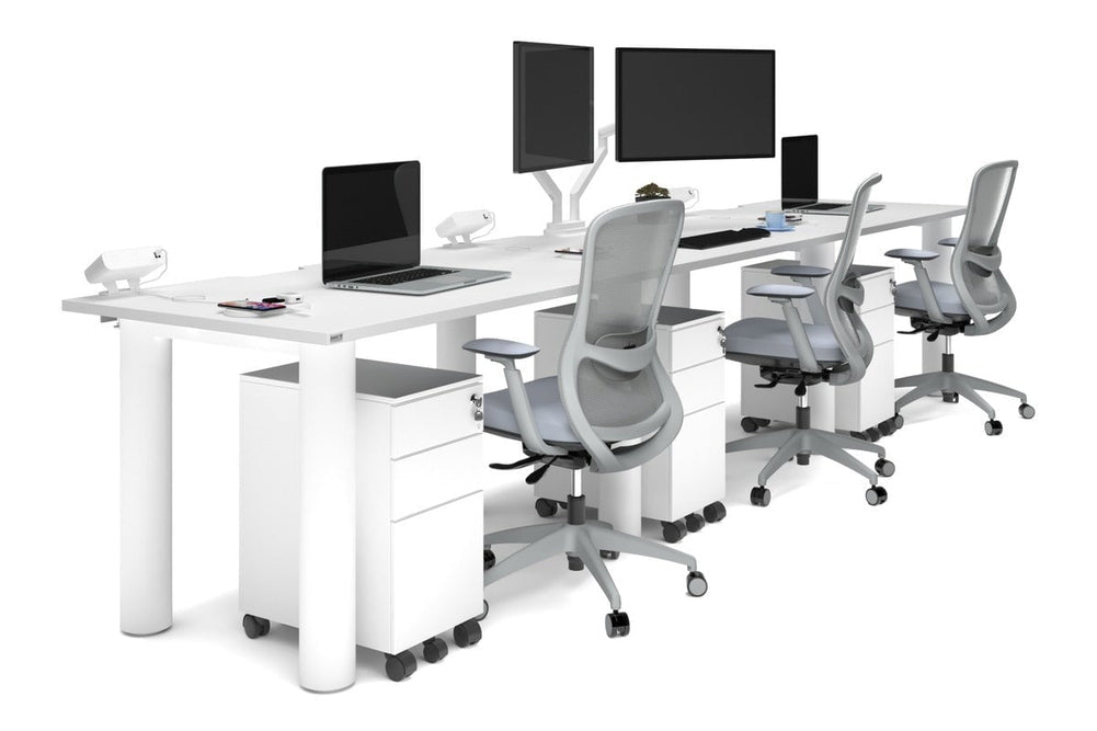 Quadro Cylinder Leg 3 Person Run Office Workstations [1400L x 800W with Cable Scallop]-white leg white 