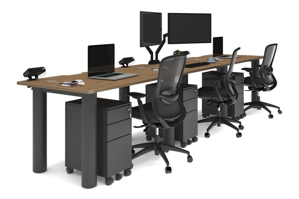 Quadro Cylinder Leg 3 Person Run Office Workstations [1400L x 800W with Cable Scallop]-black leg salvage oak 