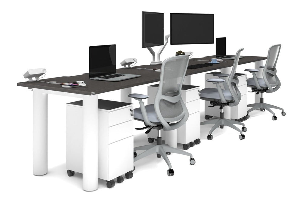Quadro Cylinder Leg 3 Person Run Office Workstations [1400L x 800W with Cable Scallop]-white leg dark oak 