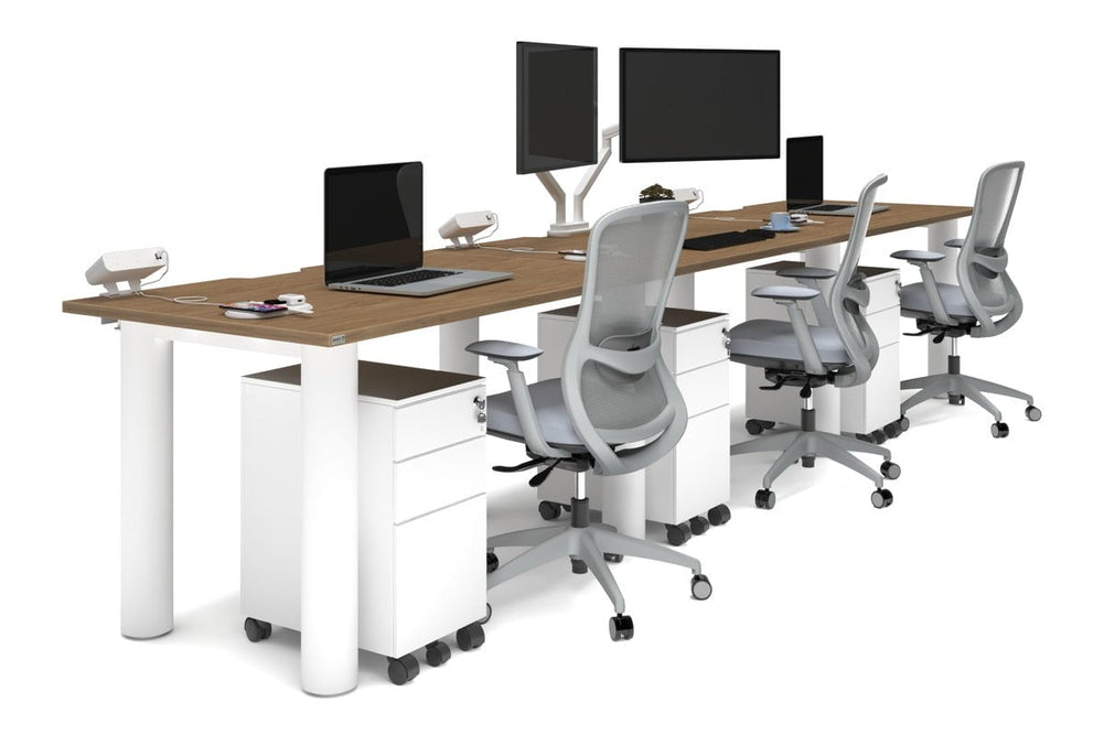 Quadro Cylinder Leg 3 Person Run Office Workstations [1400L x 800W with Cable Scallop]-white leg salvage oak 