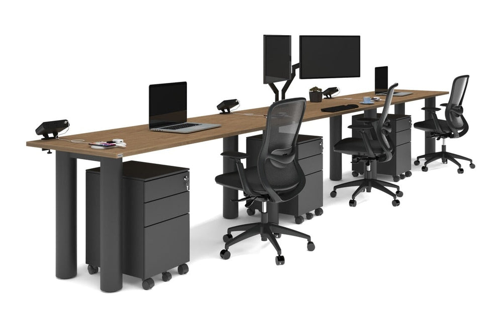 Quadro Cylinder Leg 3 Person Run Office Workstations [1600L x 700W]-black leg salvage oak 