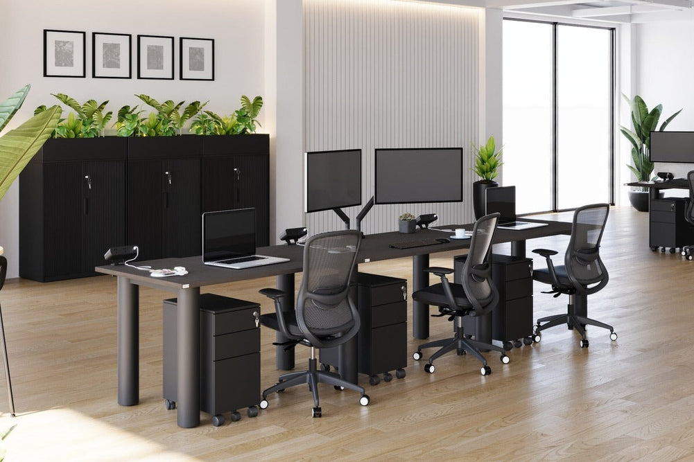 Quadro Cylinder Leg 3 Person Run Office Workstations [1600L x 700W]-black leg dark oak 