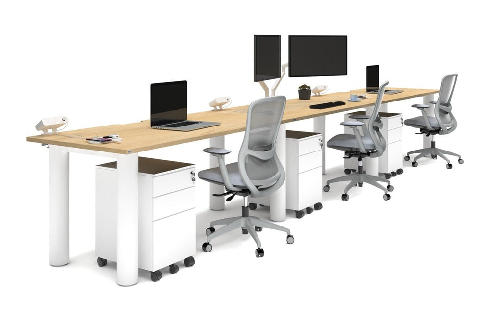 Quadro Cylinder Leg 3 Person Run Office Workstations [1600L x 800W with Cable Scallop]-white leg maple 