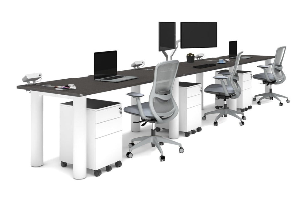 Quadro Cylinder Leg 3 Person Run Office Workstations [1600L x 800W with Cable Scallop]-white leg dark oak 