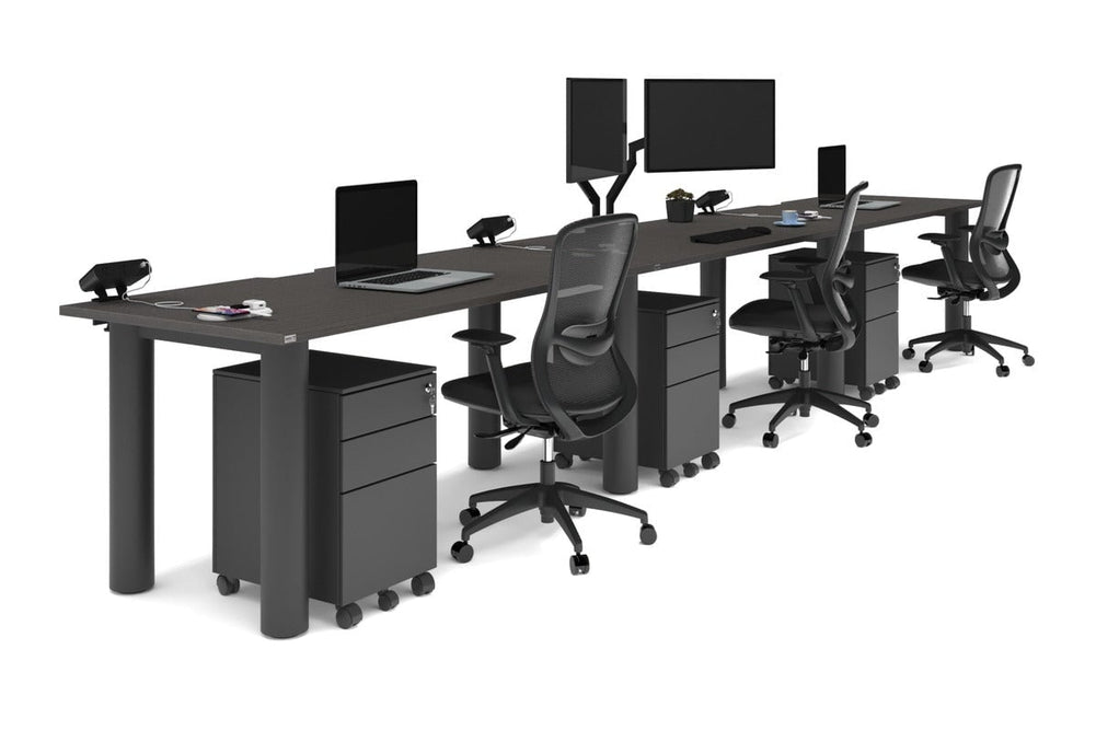 Quadro Cylinder Leg 3 Person Run Office Workstations [1800L x 800W with Cable Scallop]-black leg dark oak 