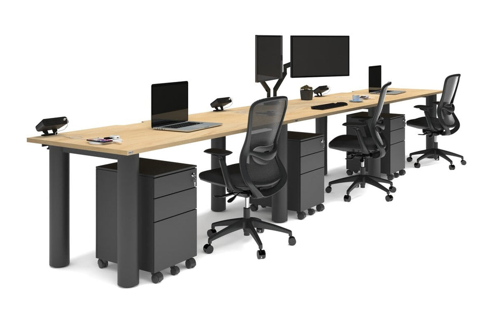Quadro Cylinder Leg 3 Person Run Office Workstations [1800L x 800W with Cable Scallop]-black leg maple 