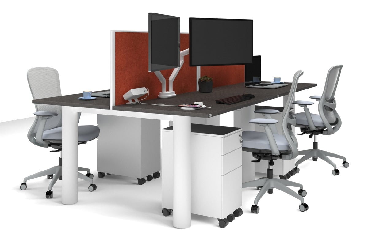Quadro Cylinder Leg 4 Person Office Workstations [1200L x 700W] Jasonl white leg dark oak orange squash (500H x 1200W)