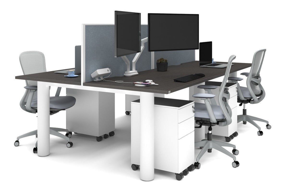 Quadro Cylinder Leg 4 Person Office Workstations [1200L x 800W with Cable Scallop] Jasonl white leg dark oak cool grey (500H x 1200W)