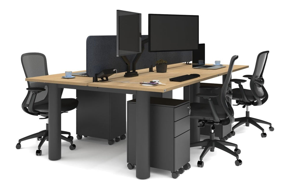 Quadro Cylinder Leg 4 Person Office Workstations [1400L x 700W]-black leg maple dark grey acoustic panel (400H x 1200W)