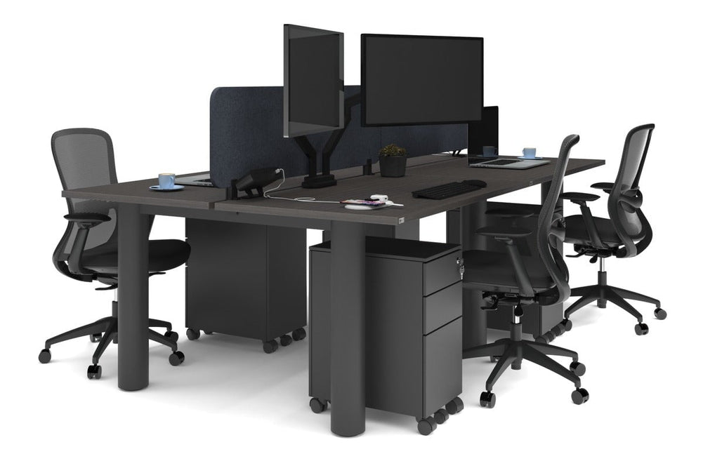 Quadro Cylinder Leg 4 Person Office Workstations [1400L x 700W]-black leg dark oak dark grey acoustic panel (400H x 1200W)