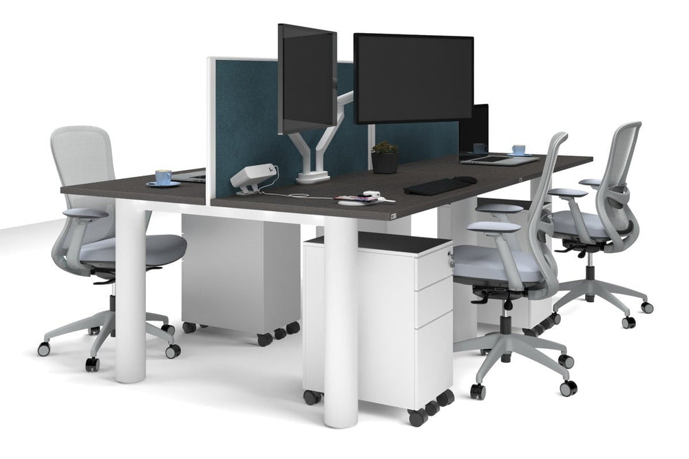 Quadro Cylinder Leg 4 Person Office Workstations [1400L x 700W]-white leg dark oak deep blue (500H x 1400W)