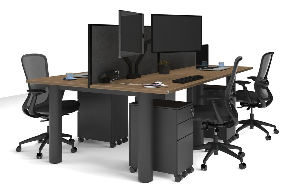 Quadro Cylinder Leg 4 Person Office Workstations [1400L x 700W]-black leg salvage oak moody charcoal (500H x 1400W)