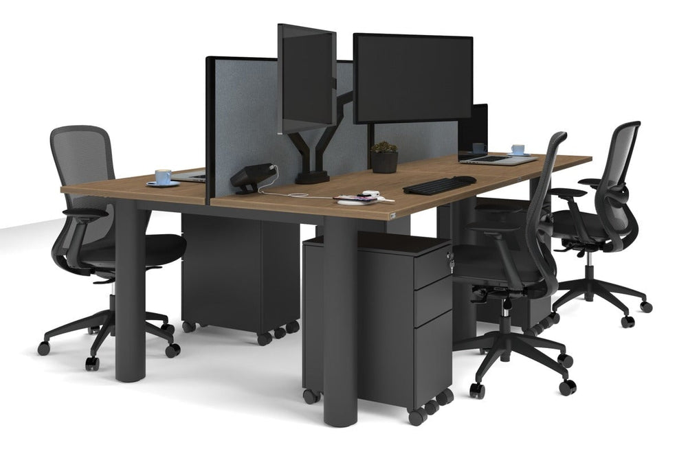 Quadro Cylinder Leg 4 Person Office Workstations [1400L x 700W]-black leg salvage oak cool grey (500H x 1400W)