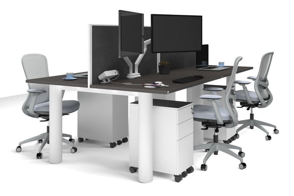 Quadro Cylinder Leg 4 Person Office Workstations [1400L x 700W]-white leg dark oak moody charcoal (500H x 1400W)