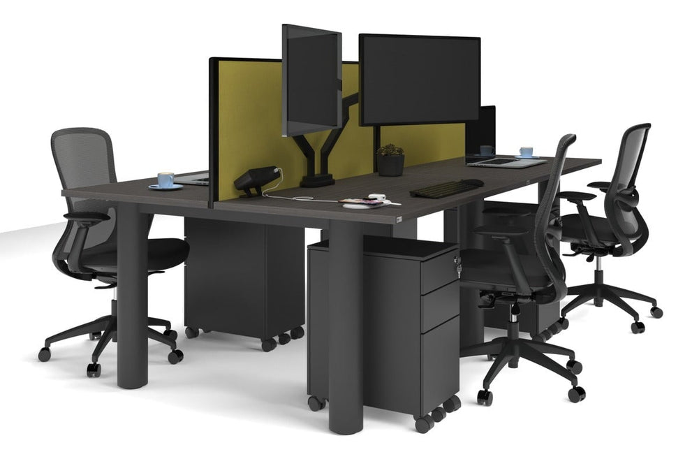 Quadro Cylinder Leg 4 Person Office Workstations [1400L x 700W]-black leg dark oak mustard yellow (500H x 1400W)