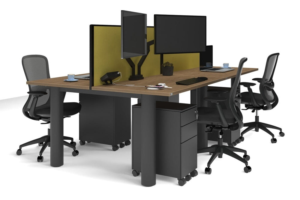 Quadro Cylinder Leg 4 Person Office Workstations [1400L x 700W]-black leg salvage oak mustard yellow (500H x 1400W)