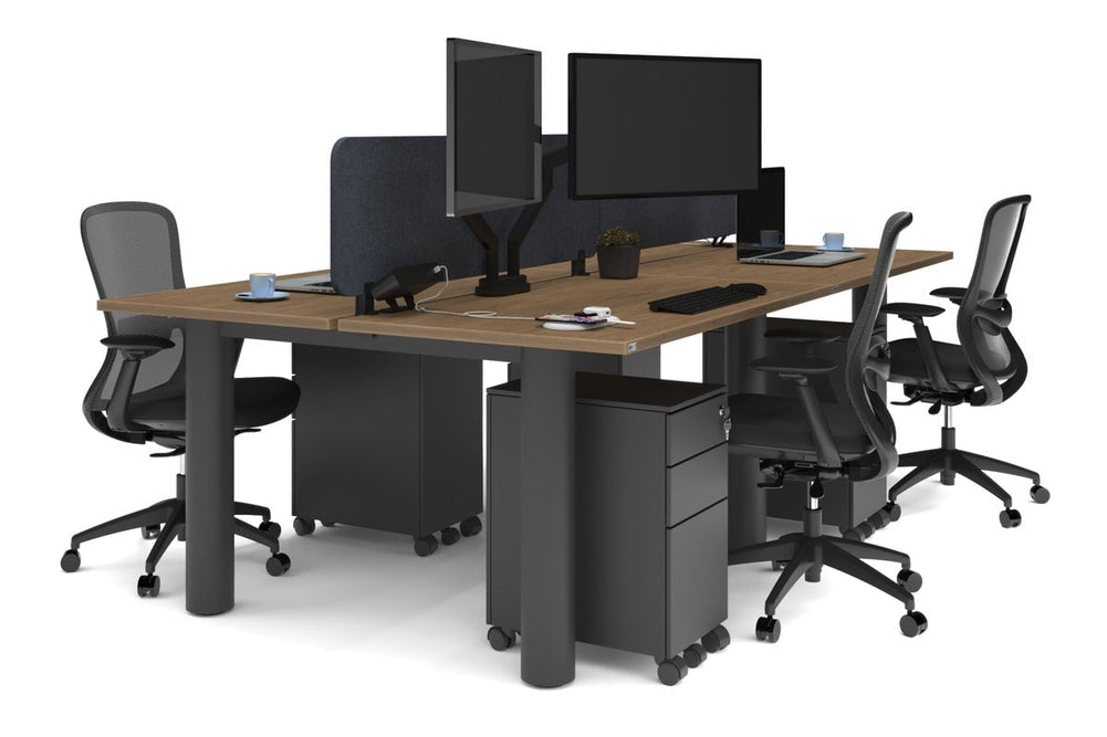 Quadro Cylinder Leg 4 Person Office Workstations [1400L x 700W]-black leg salvage oak dark grey acoustic panel (400H x 1200W)