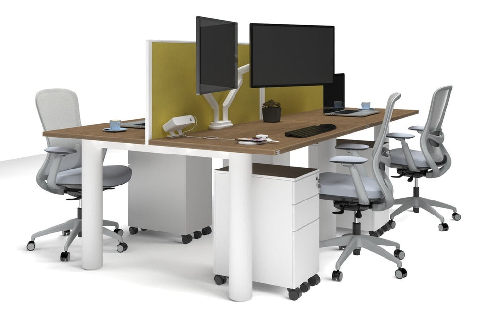Quadro Cylinder Leg 4 Person Office Workstations [1400L x 700W]-white leg salvage oak mustard yellow (500H x 1400W)