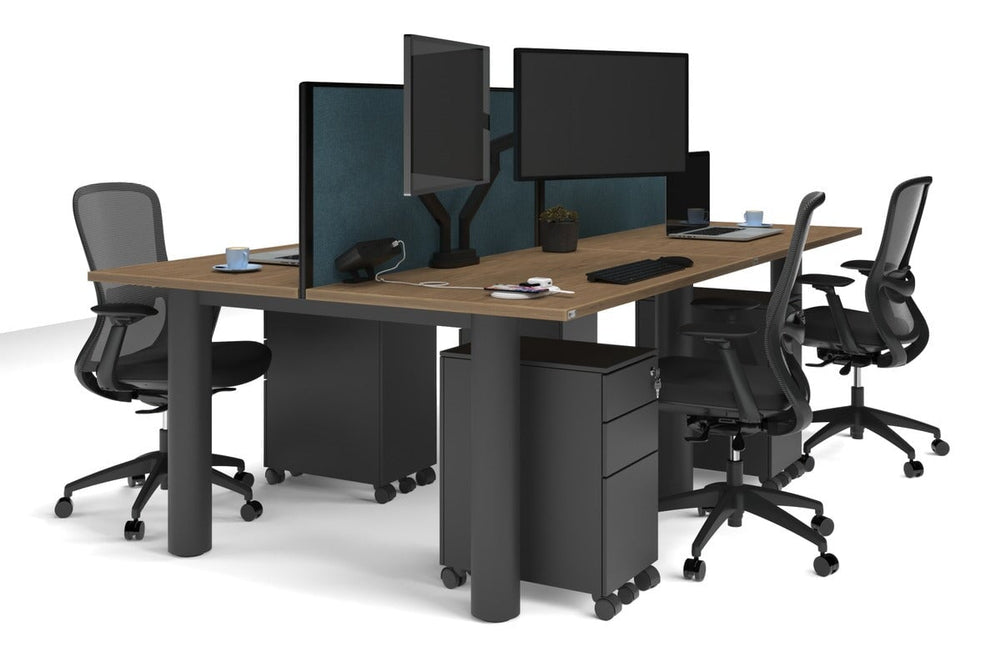 Quadro Cylinder Leg 4 Person Office Workstations [1400L x 700W]-black leg salvage oak deep blue (500H x 1400W)