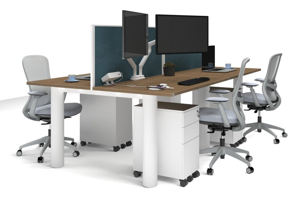 Quadro Cylinder Leg 4 Person Office Workstations [1400L x 700W]-white leg salvage oak deep blue (500H x 1400W)