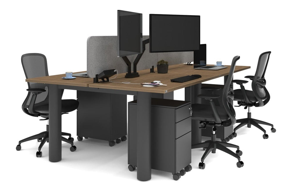 Quadro Cylinder Leg 4 Person Office Workstations [1400L x 700W]-black leg salvage oak light grey acoustic panel (400H x 1200W)