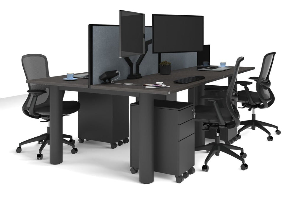 Quadro Cylinder Leg 4 Person Office Workstations [1400L x 700W]-black leg dark oak cool grey (500H x 1400W)