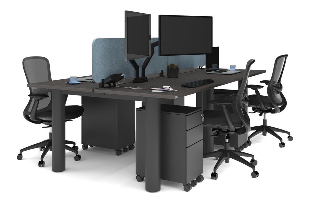 Quadro Cylinder Leg 4 Person Office Workstations [1400L x 700W]-black leg dark oak blue acoustic panel (400H x 1200W)