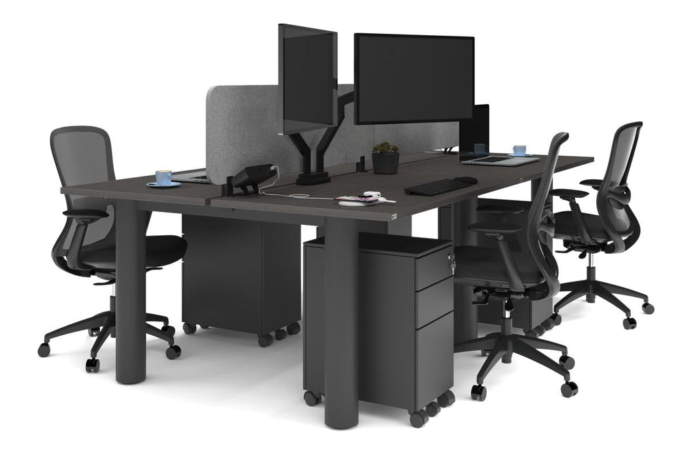 Quadro Cylinder Leg 4 Person Office Workstations [1400L x 700W]-black leg dark oak light grey acoustic panel (400H x 1200W)