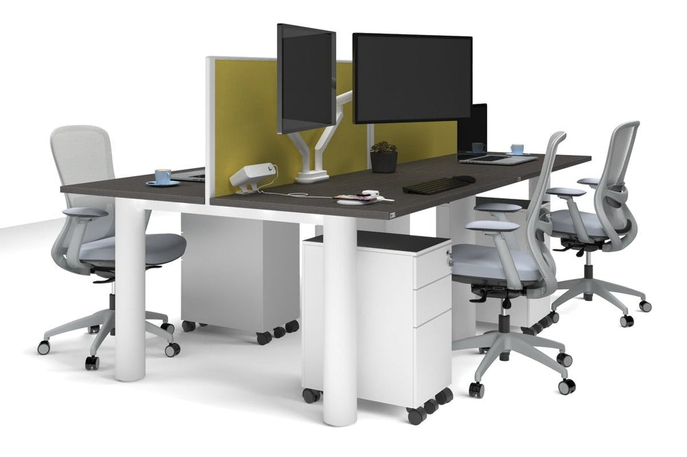 Quadro Cylinder Leg 4 Person Office Workstations [1400L x 700W]-white leg dark oak mustard yellow (500H x 1400W)