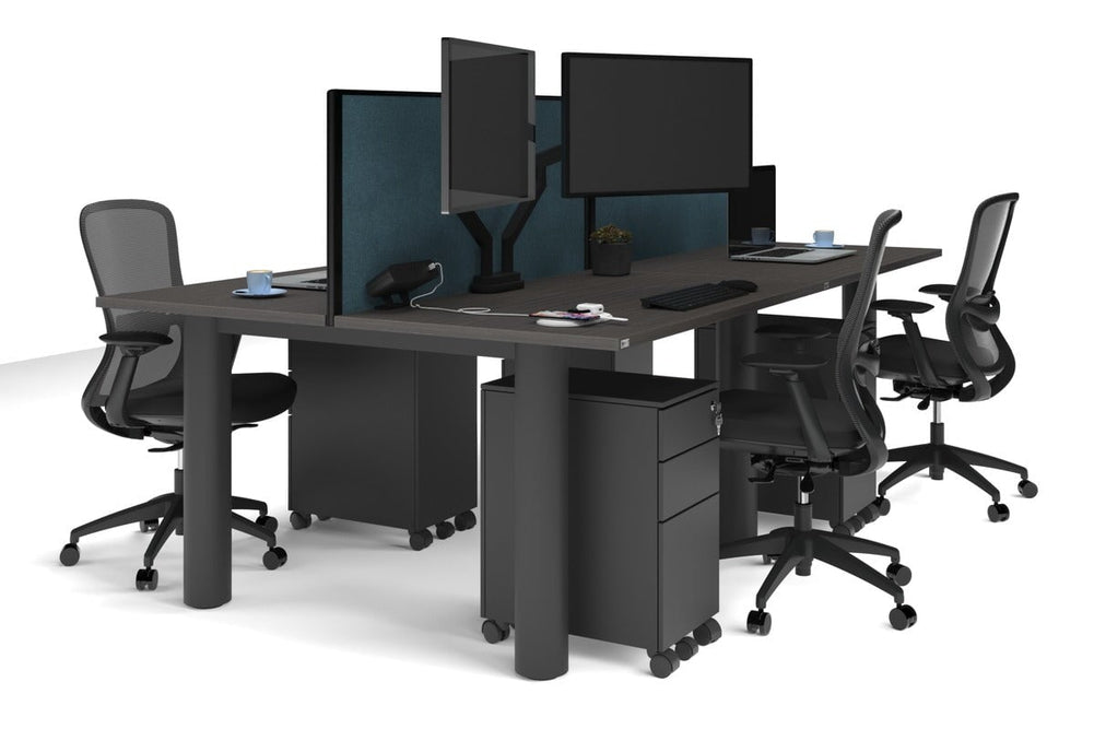 Quadro Cylinder Leg 4 Person Office Workstations [1400L x 700W]-black leg dark oak deep blue (500H x 1400W)