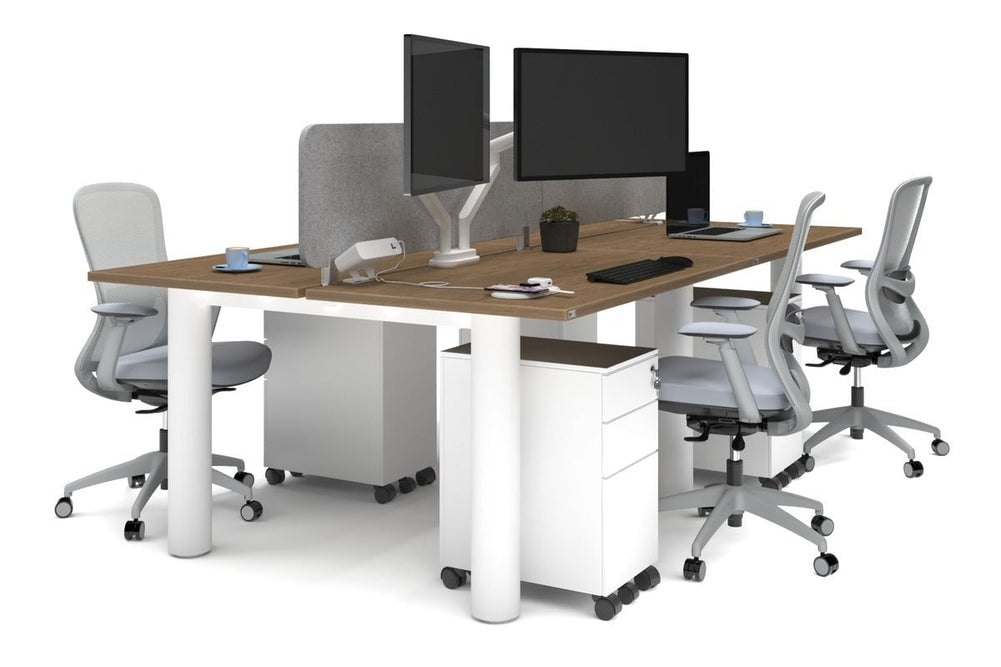 Quadro Cylinder Leg 4 Person Office Workstations [1400L x 700W]-white leg salvage oak light grey acoustic panel (400H x 1200W)