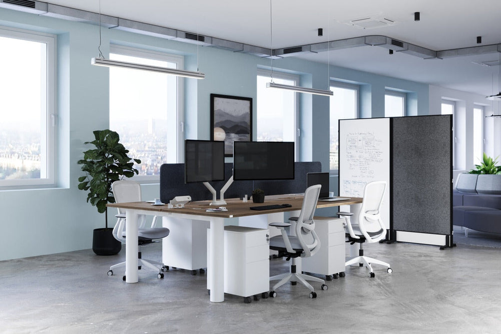 Quadro Cylinder Leg 4 Person Office Workstations [1800L x 800W with Cable Scallop]-black leg dark oak moody charcoal (500H x 1800W)