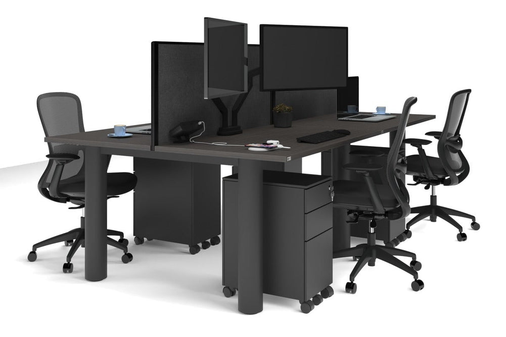 Quadro Cylinder Leg 4 Person Office Workstations [1400L x 700W]-black leg dark oak moody charcoal (500H x 1400W)